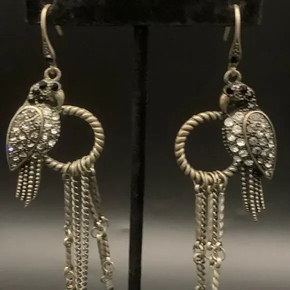 Parrot Black Feather Chandelier Dangle Statement Earrings Rhinestone Chain Link - Picture 2 of 11